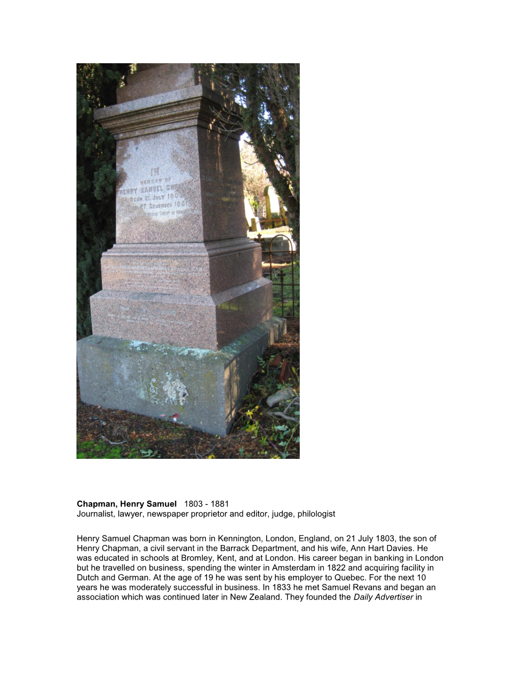 Chapman, Henry Samuel 1803 - 1881 Journalist, Lawyer, Newspaper Proprietor and Editor, Judge, Philologist