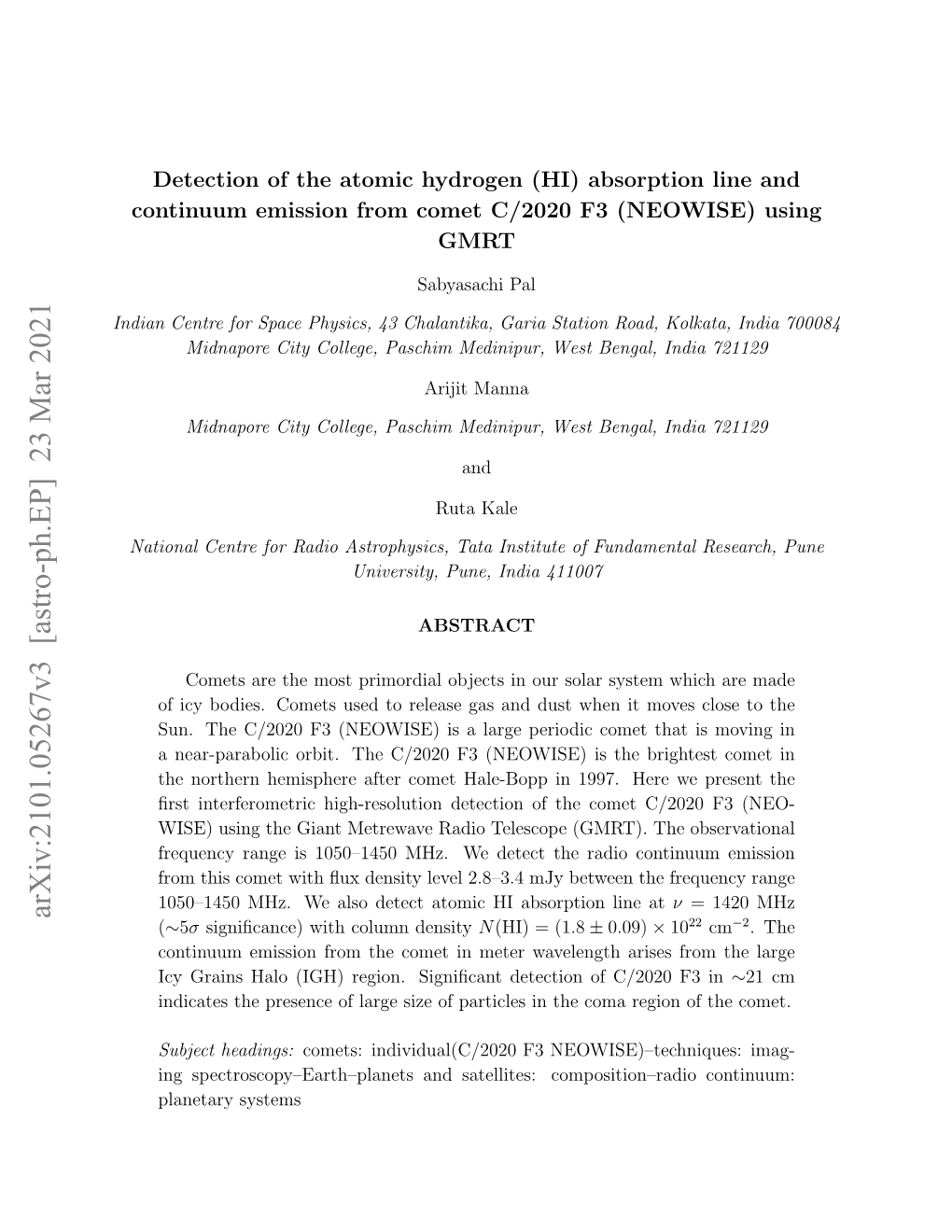 Arxiv:2101.05267V3 [Astro-Ph.EP] 23 Mar 2021 (∼5Σ Signiﬁcance) with Column Density N(HI) = (1.8 ± 0.09) × 1022 Cm−2