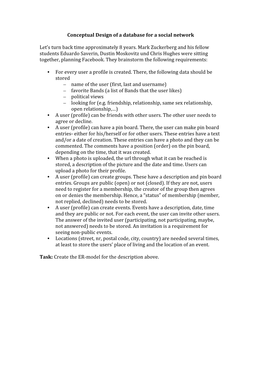 Conceptual Design of a Database for a Social Network Let's Turn Back Time