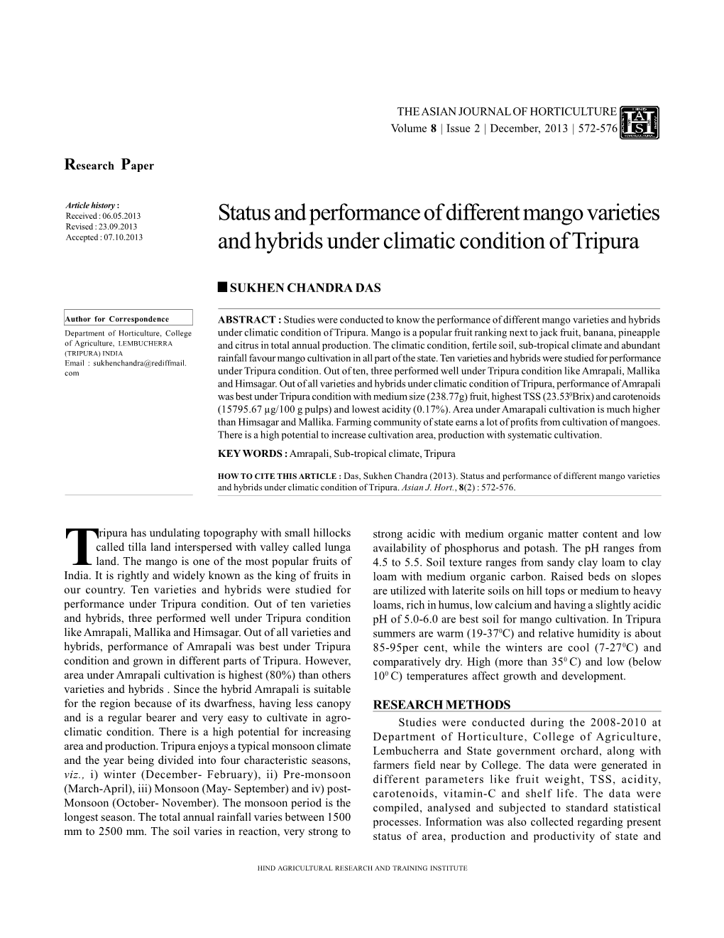 Status and Performance of Different Mango Varieties and Hybrids Under Climatic Condition of Tripura