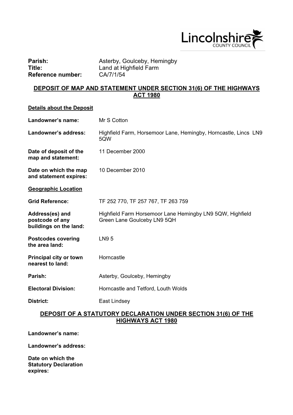 Asterby, Goulceby, Hemingby Title: Land at Highfield Farm Reference Number: CA/7/1/54