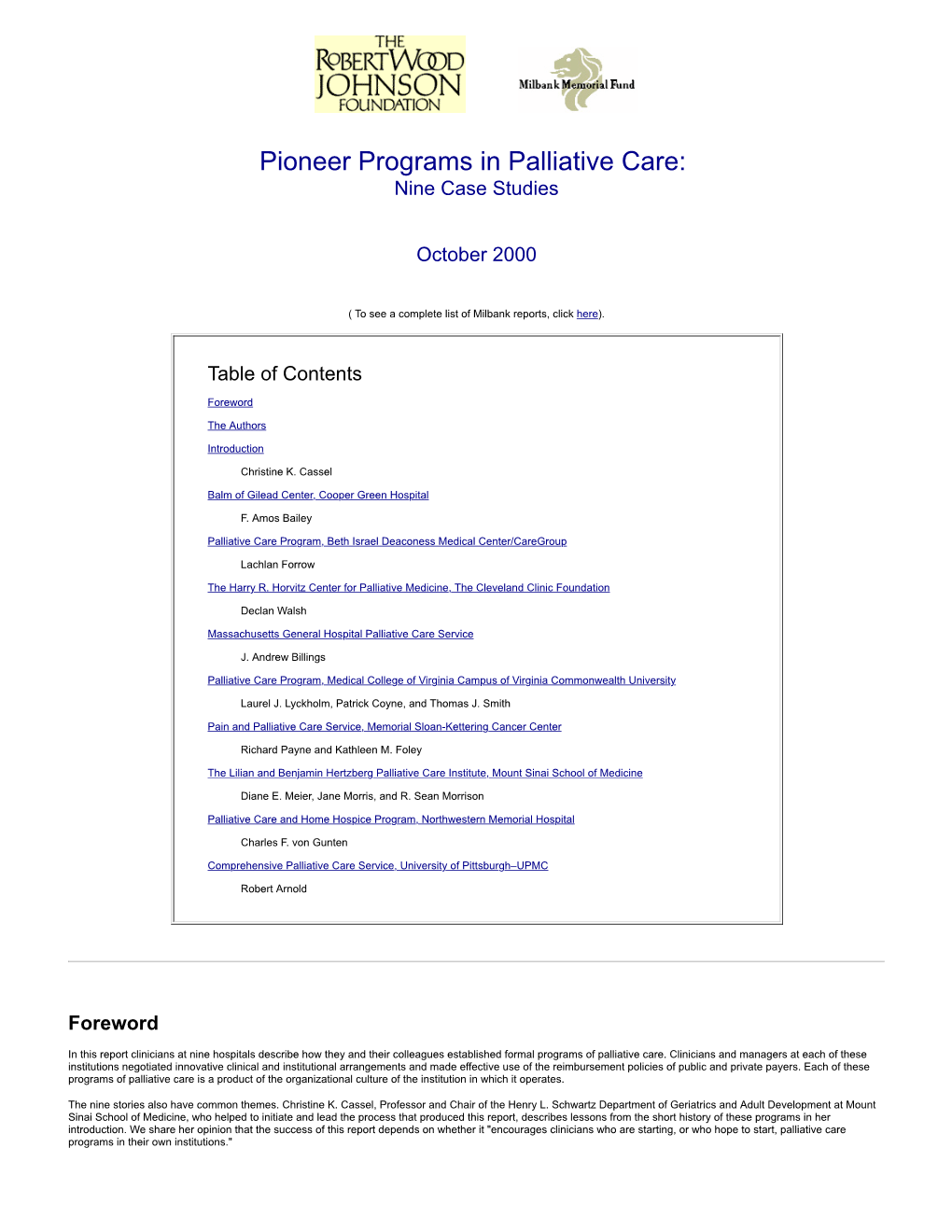 Pioneer Programs in Palliative Care: Nine Case Studies