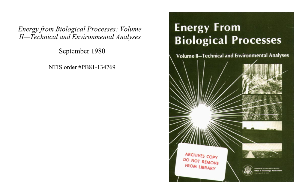 Energy from Biological Processes: Volume Iiñtechnical And