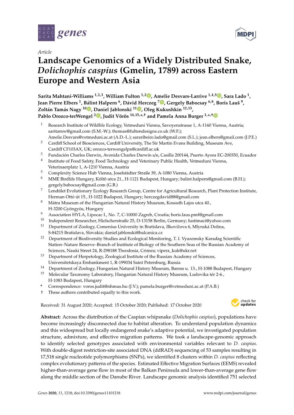 Landscape Genomics of a Widely Distributed Snake, Dolichophis Caspius (Gmelin, 1789) Across Eastern Europe and Western Asia