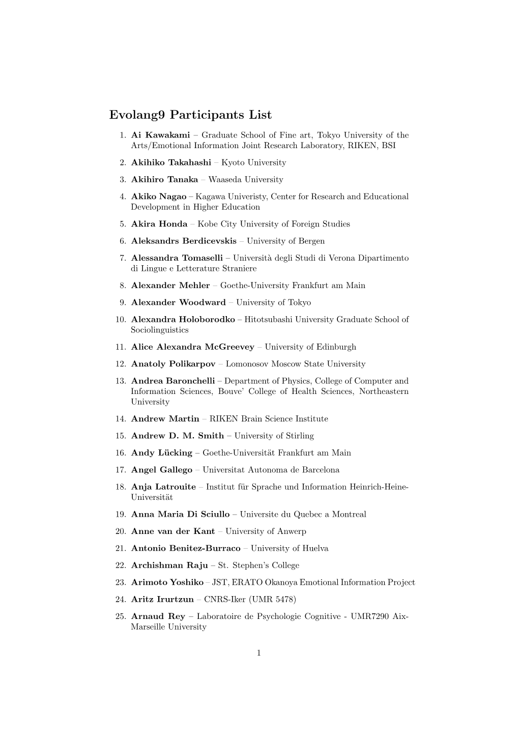 Evolang9 Participants List