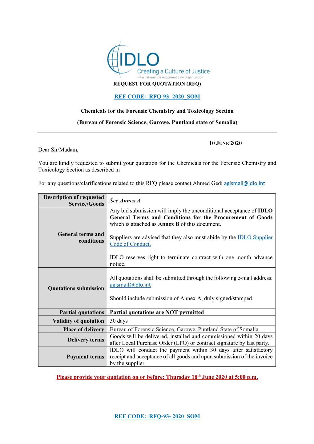 RFQ-93- 2020 SOM Chemicals for the Forensic Chemistry and Toxicology Section