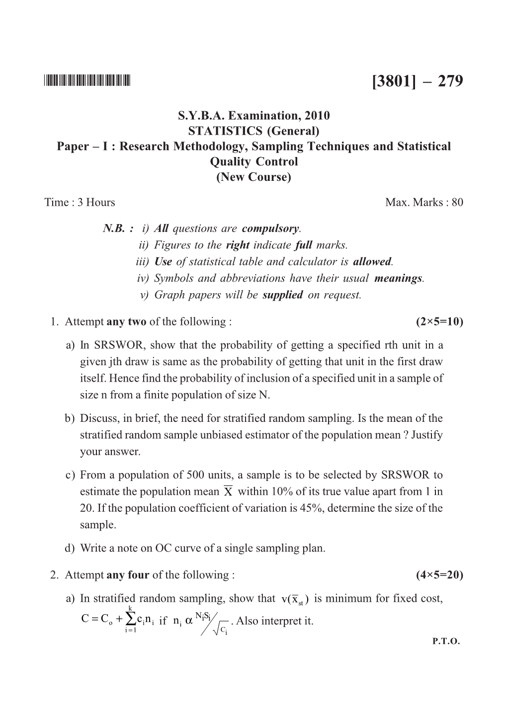 Paper – I : Research Methodology, Sampling Techniques and Statistical Quality Control (New Course)