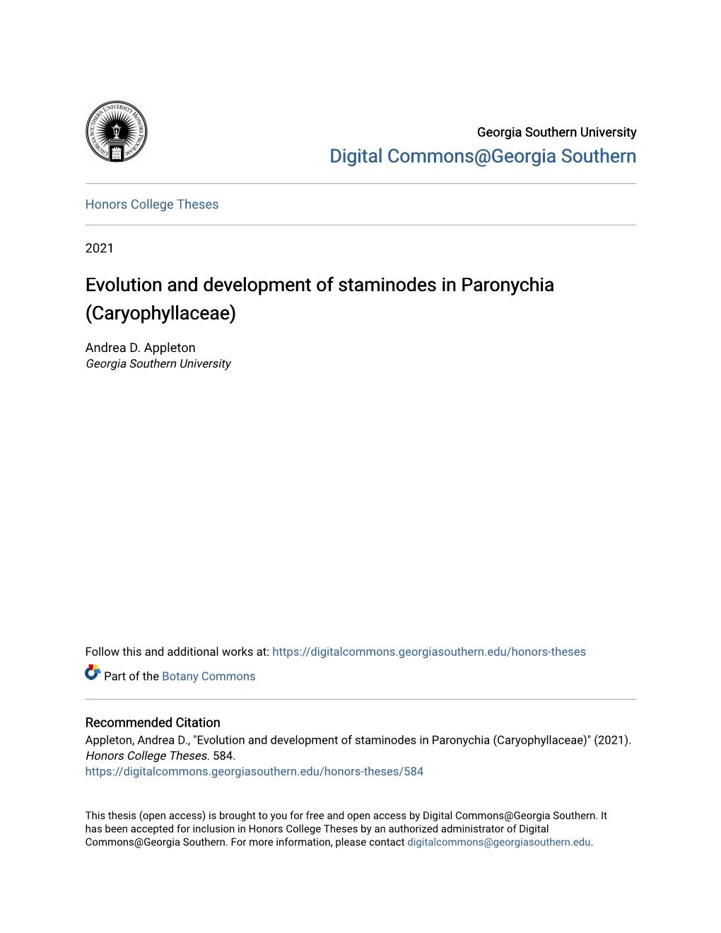 Evolution and Development of Staminodes in Paronychia (Caryophyllaceae)