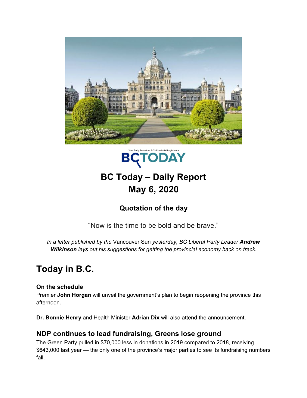 Daily Report May 6, 2020 Today in BC