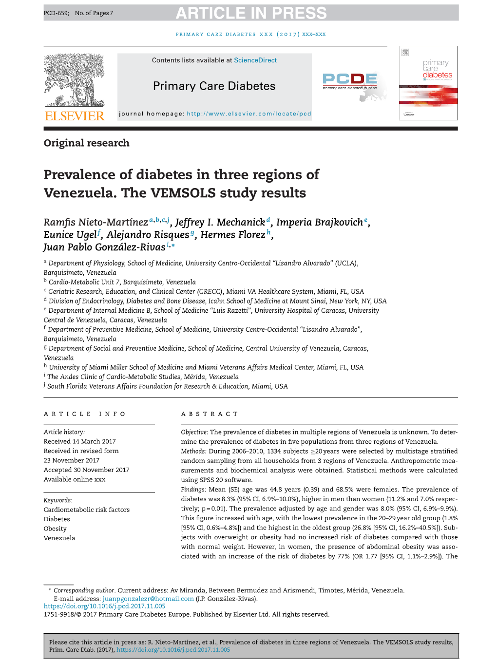 Prevalence of Diabetes in Three Regions of Venezuela. the VEMSOLS Study Results