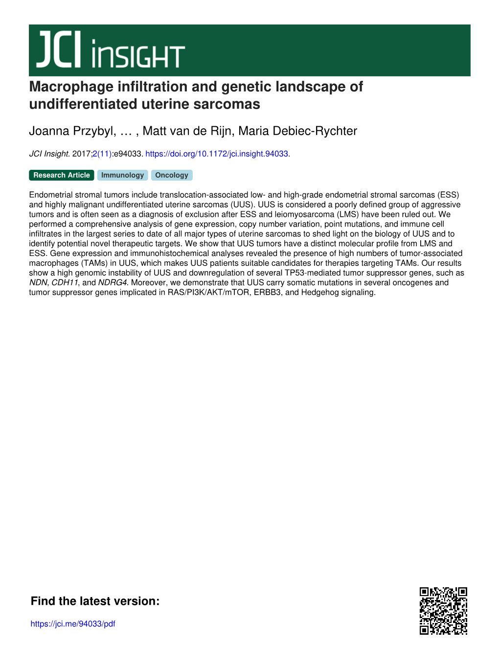 Macrophage Infiltration and Genetic Landscape of Undifferentiated Uterine Sarcomas