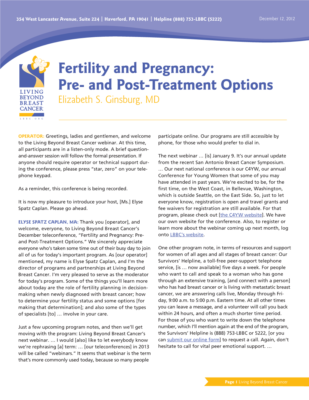 Fertility and Pregnancy: Pre- and Post-Treatment Options Elizabeth S