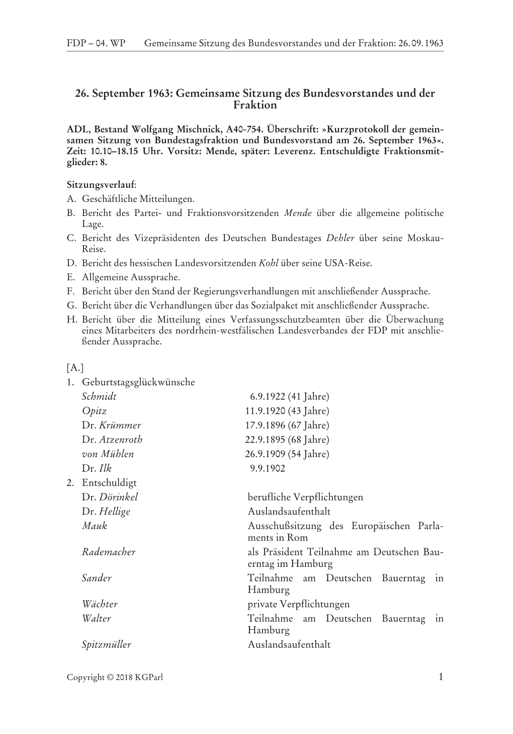 26. September 1963: Gemeinsame Sitzung Des Bundesvorstandes Und Der Fraktion