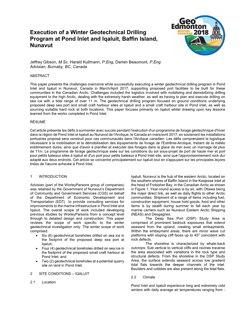 Execution of a Winter Geotechnical Drilling Program at Pond Inlet and Iqaluit, Baffin Island, Nunavut