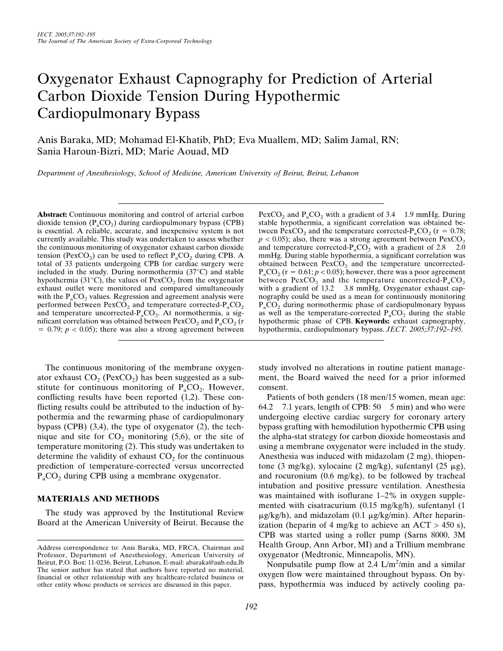 Oxygenator Exhaust Capnography for Prediction of Arterial Carbon Dioxide Tension During Hypothermic Cardiopulmonary Bypass