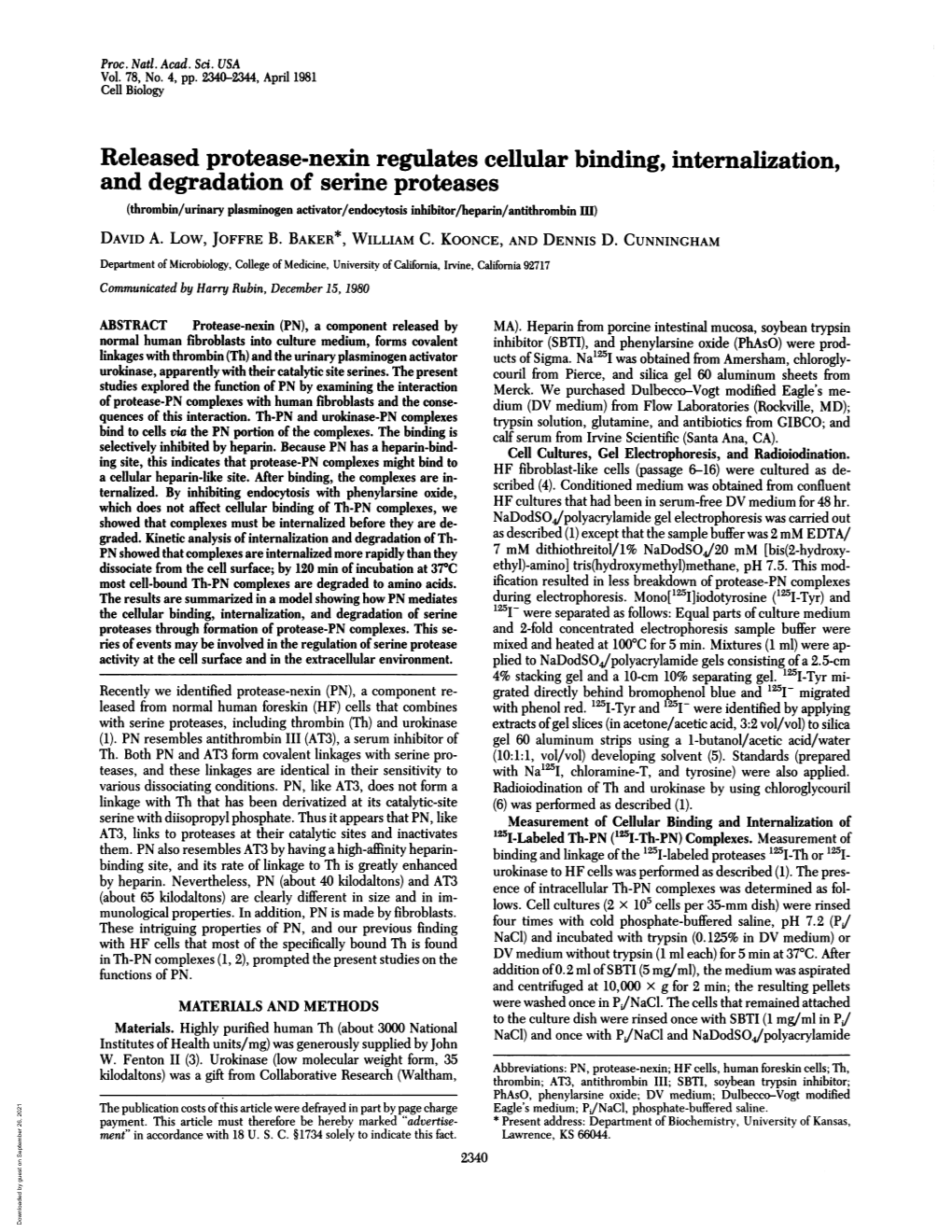 Released Protease-Nexin Regulates Cellular Binding, Internalization, And