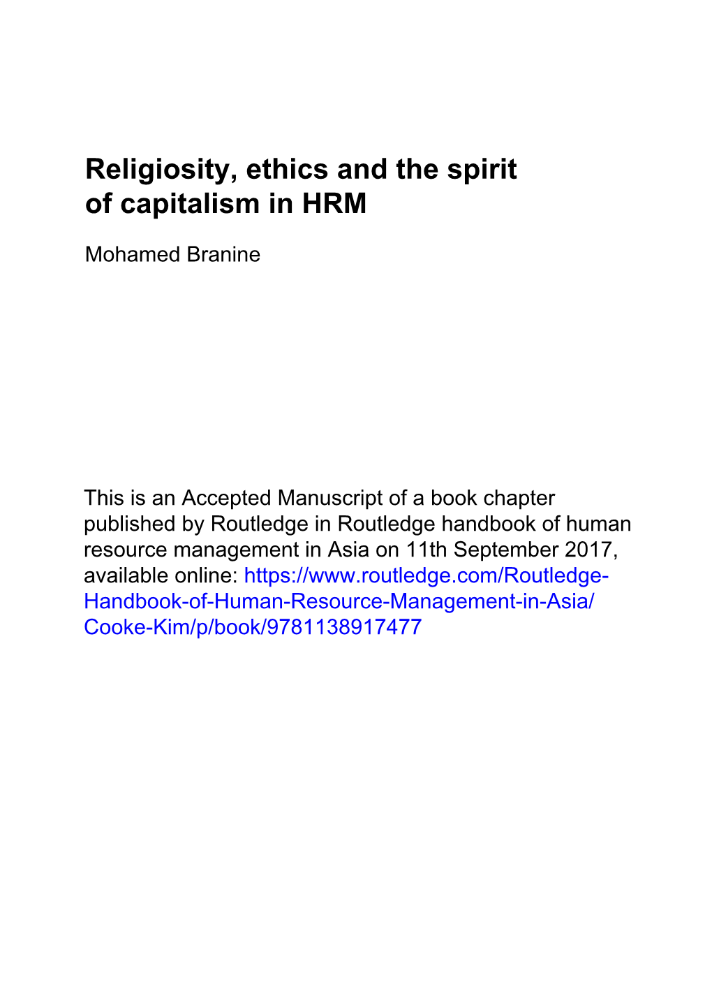 Chapter 6 Religiosity, Ethics and the Spirit of Capitalism In