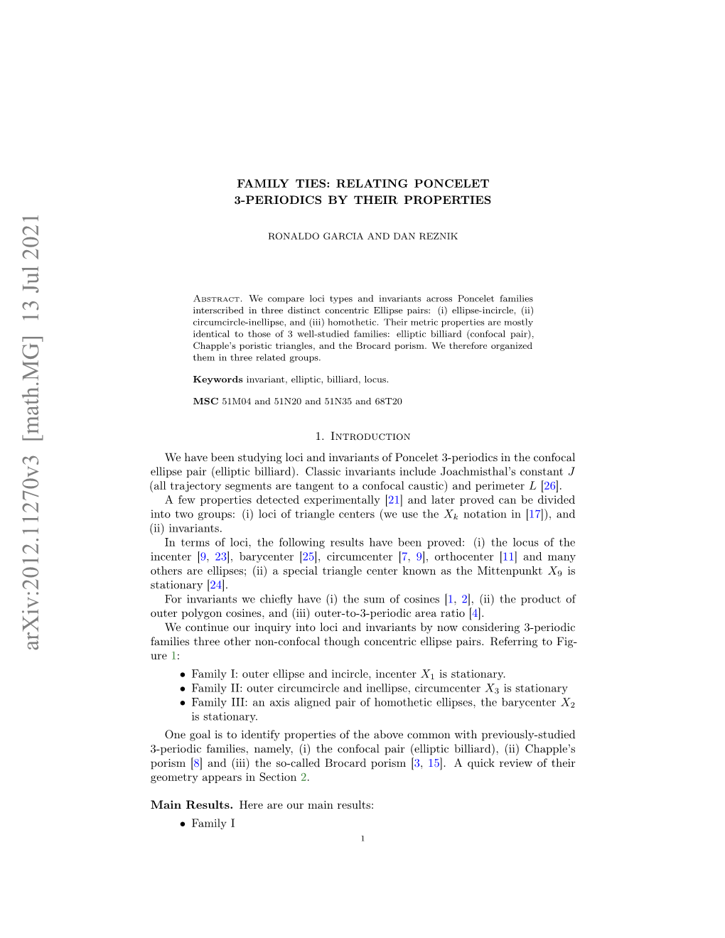 Arxiv:2012.11270V3 [Math.MG] 13 Jul 2021 Altaetr Emnsaetnett Ofclcaustic) Confocal a to Tangent Are Segments Trajectory (All I)Invariants