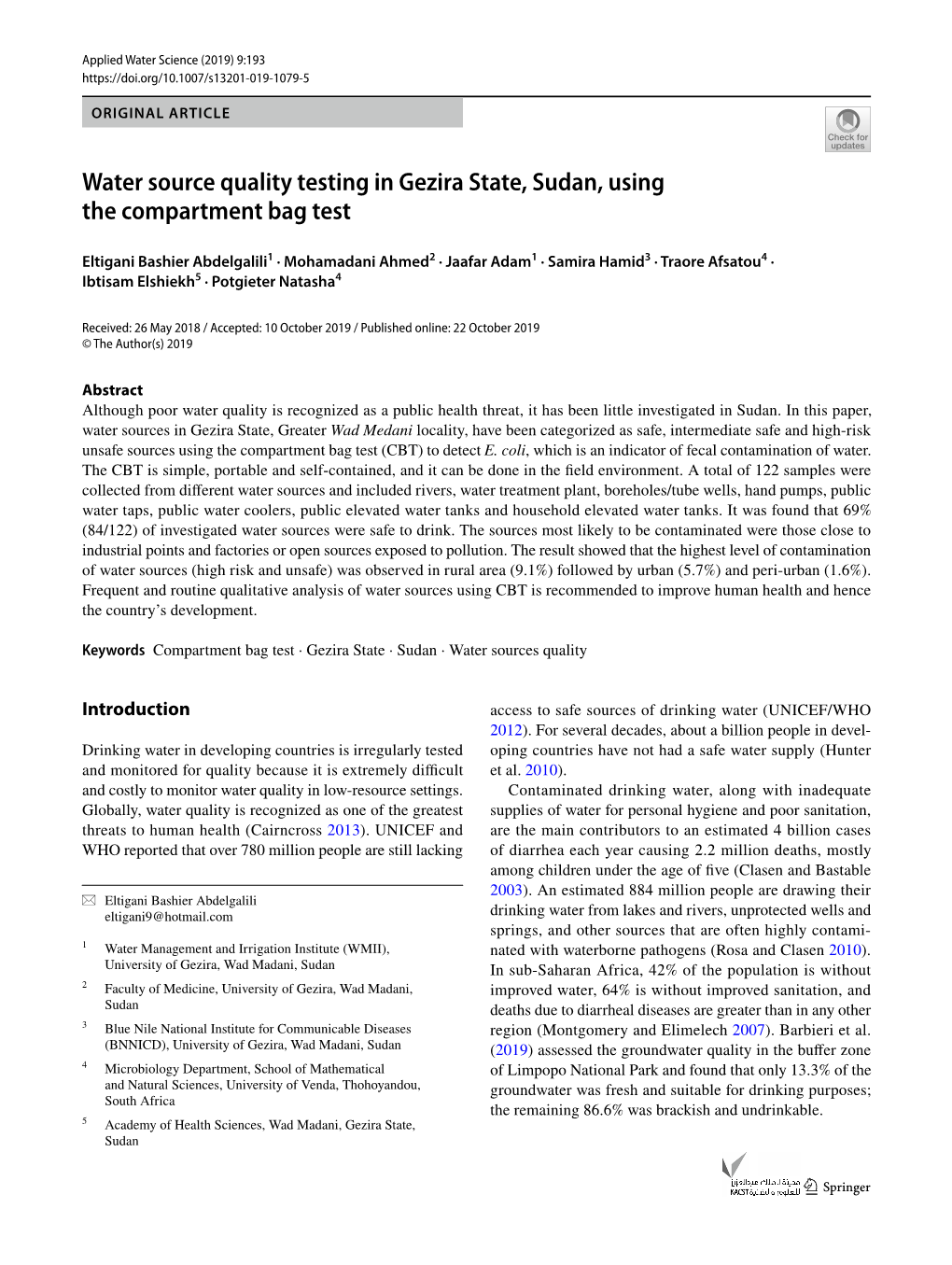 Water Source Quality Testing in Gezira State, Sudan, Using the Compartment Bag Test