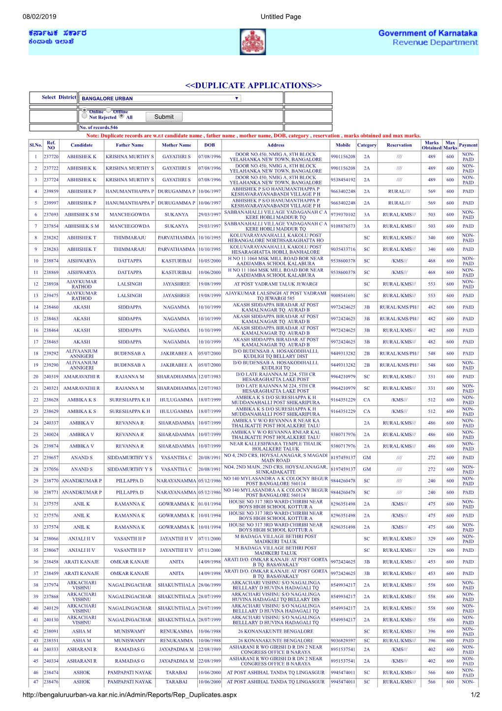 <<DUPLICATE APPLICATIONS>>