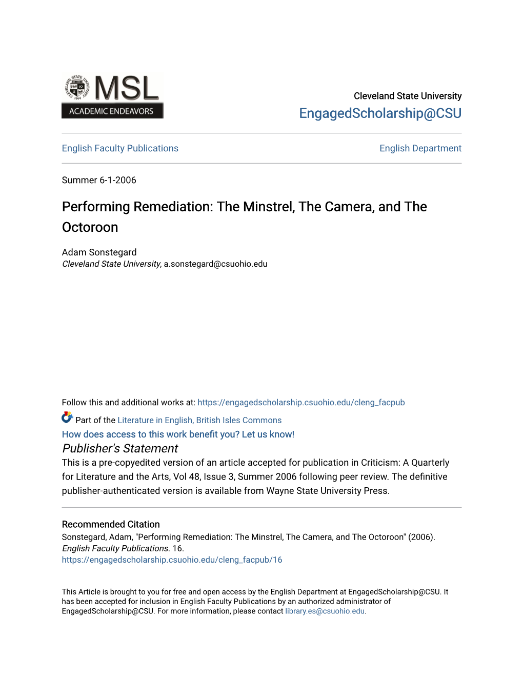 Performing Remediation: the Minstrel, the Camera, and the Octoroon