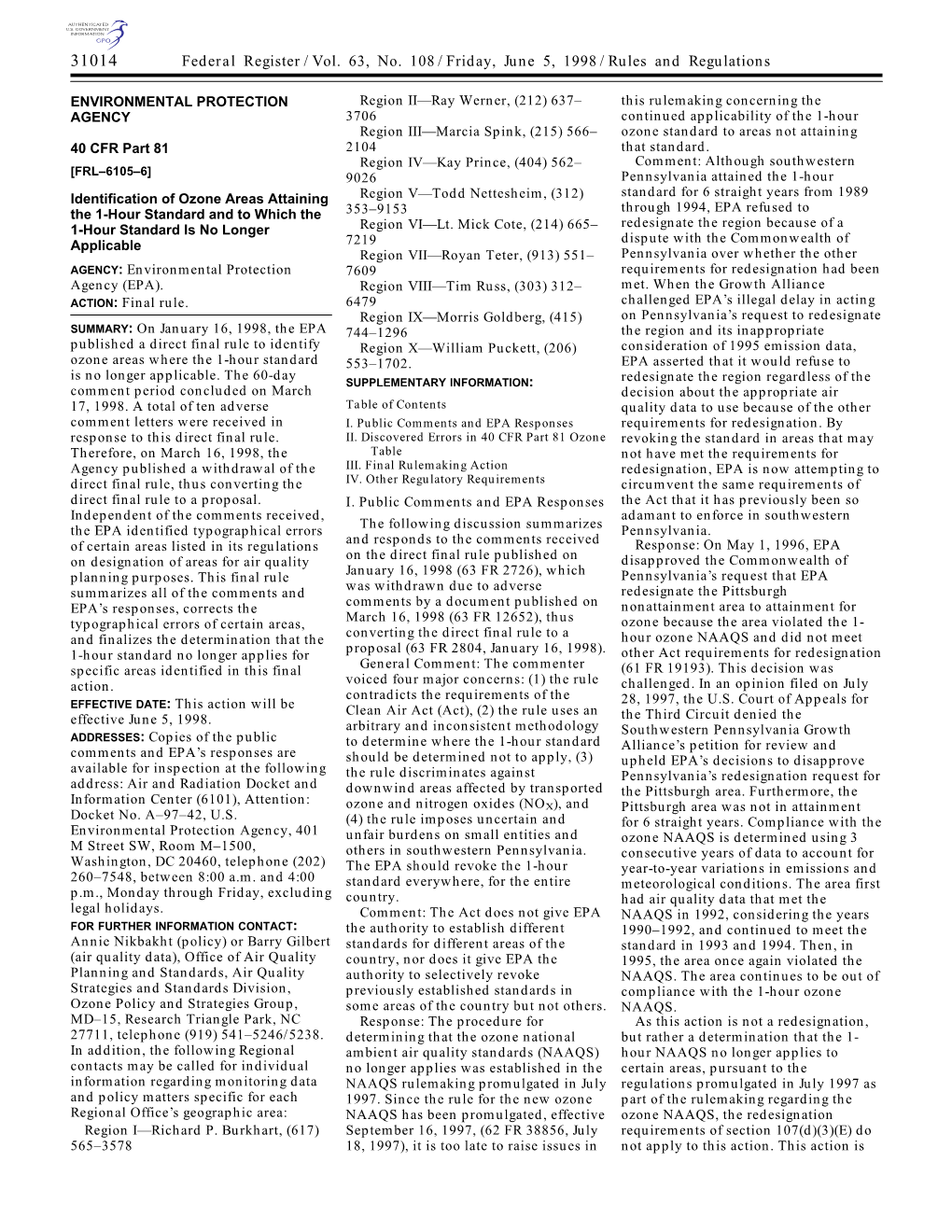 Federal Register/Vol. 63, No. 108/Friday, June 5, 1998/Rules And