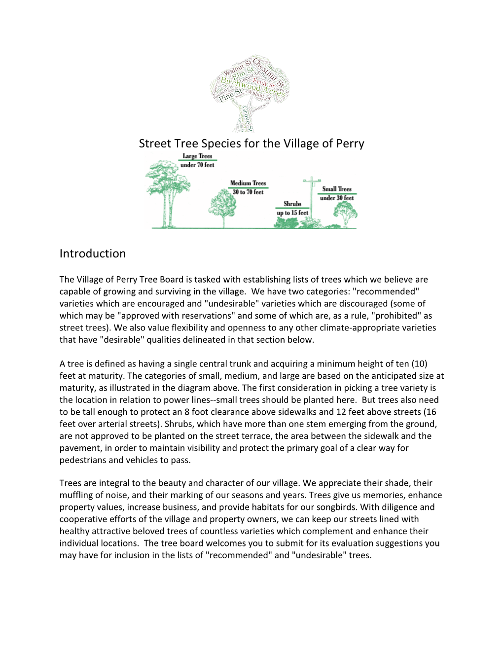 Street Tree Species List for the Village of Perry