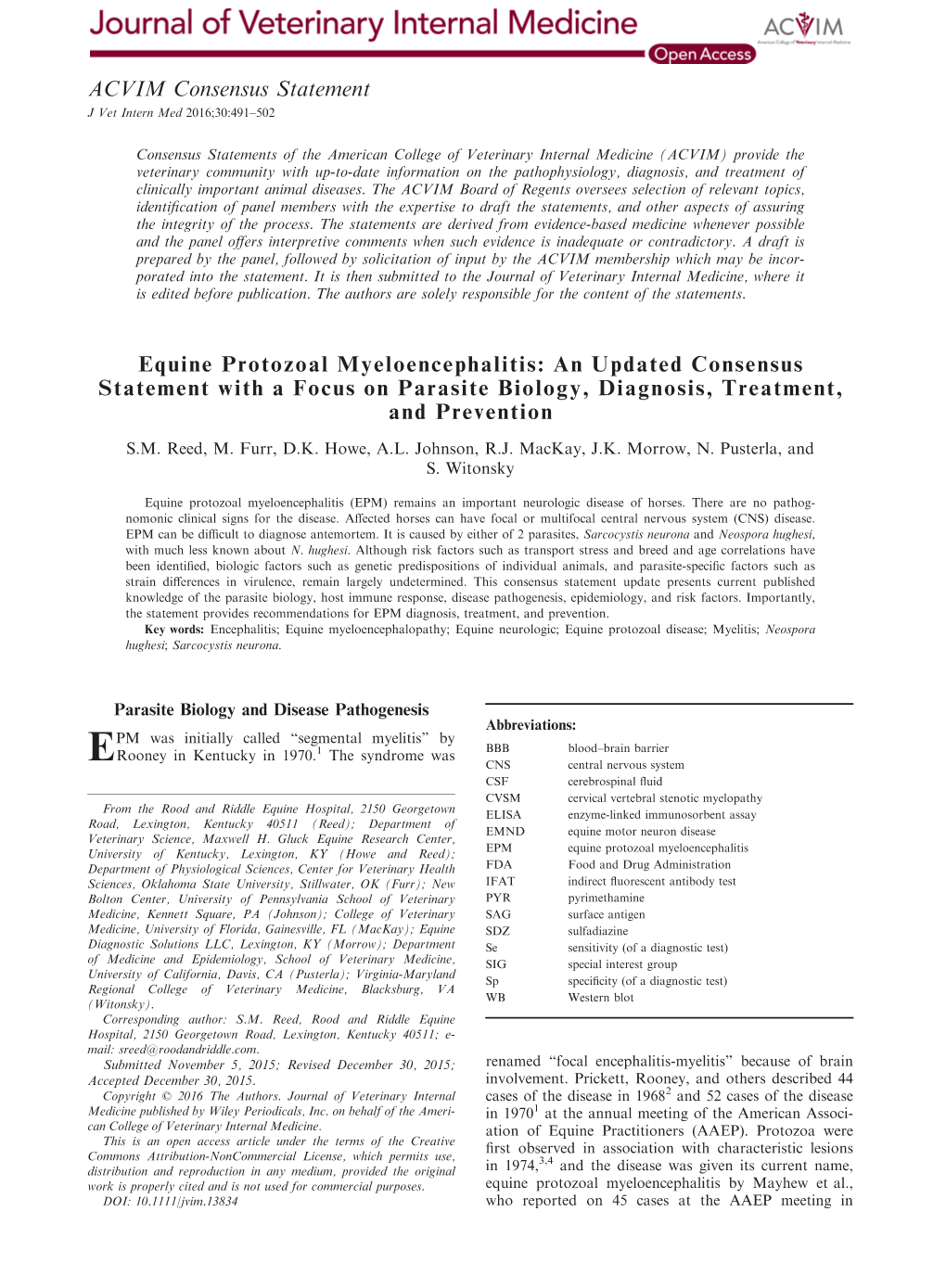 Equine Protozoal Myeloencephalitis: an Updated Consensus Statement with a Focus on Parasite Biology, Diagnosis, Treatment, and Prevention