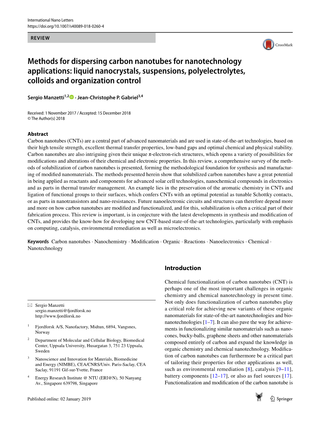 Methods for Dispersing Carbon Nanotubes for Nanotechnology Applications: Liquid Nanocrystals, Suspensions, Polyelectrolytes, Colloids and Organization Control