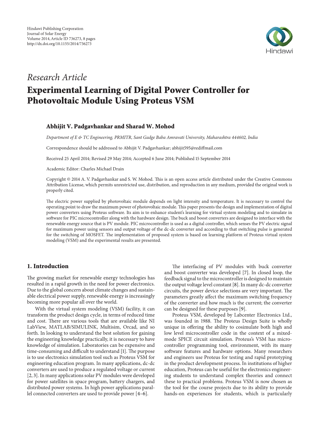 Research Article Experimental Learning of Digital Power Controller for Photovoltaic Module Using Proteus VSM