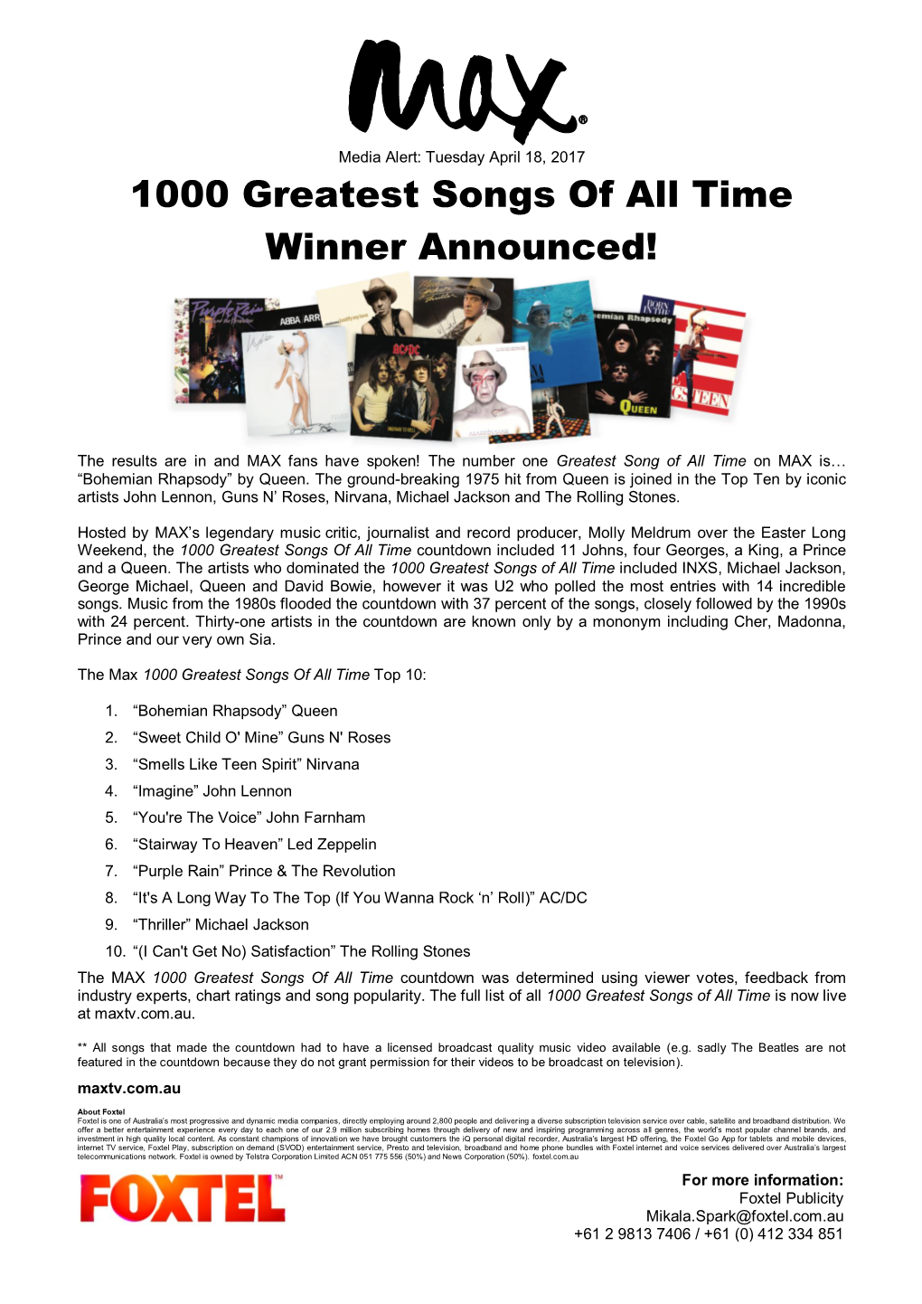 1000 Greatest Songs of All Time Winner Announced!