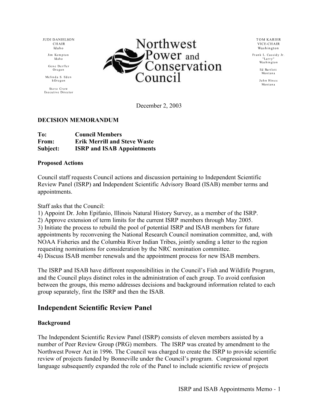 Packet Materials for Dec 8-11, 2003 Council Meeting