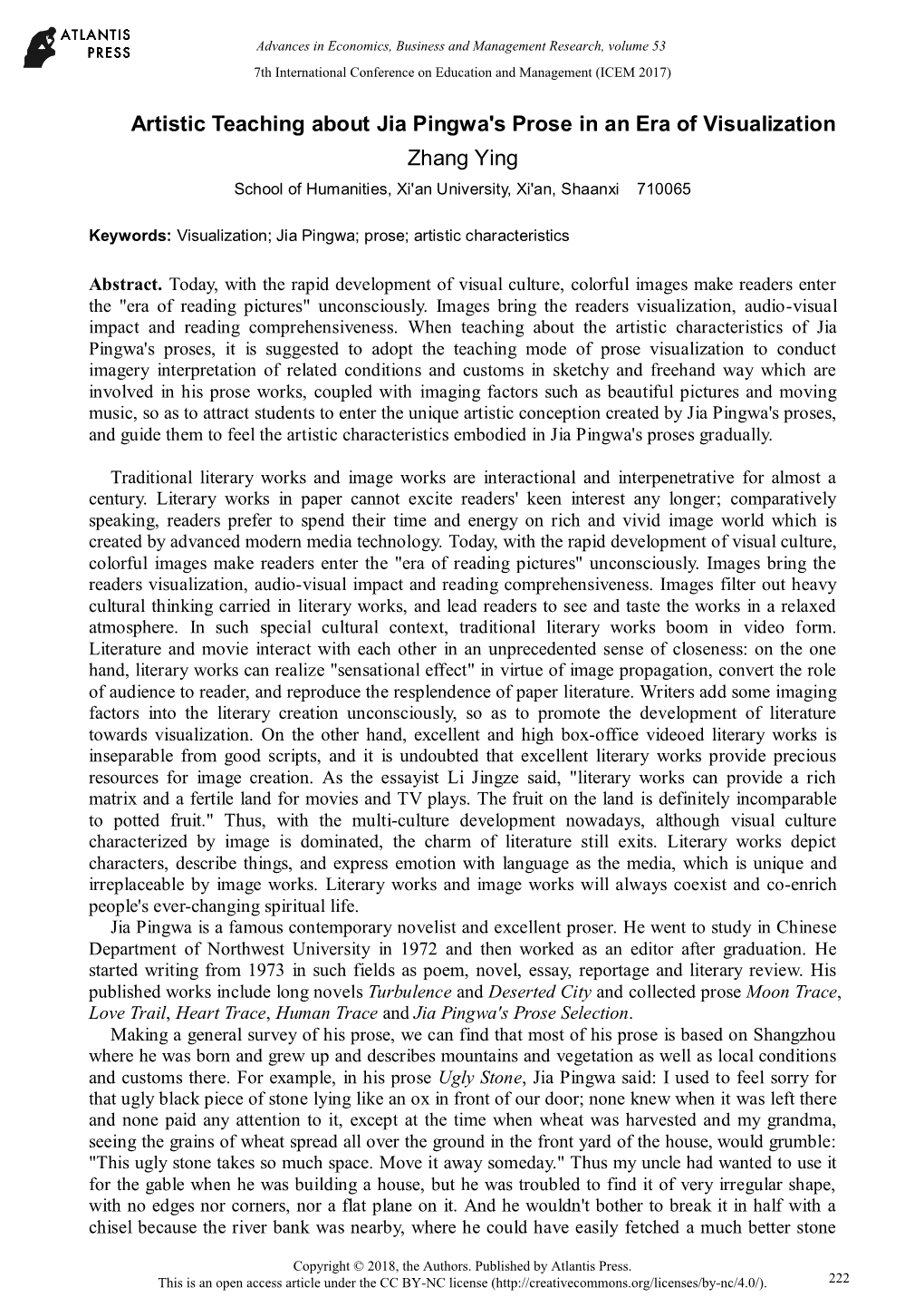 Artistic Teaching About Jia Pingwa's Prose in an Era of Visualization Zhang Ying School of Humanities, Xi'an University, Xi'an, Shaanxi 710065