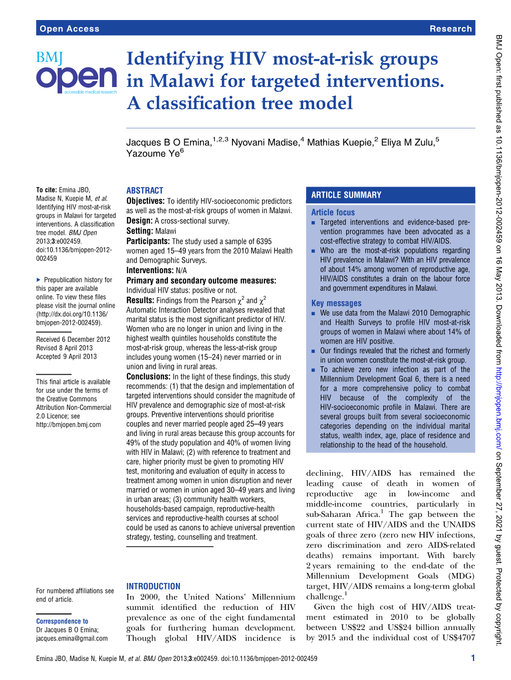 Identifying HIV Most-At-Risk Groups in Malawi for Targeted Interventions. a Classification Tree Model