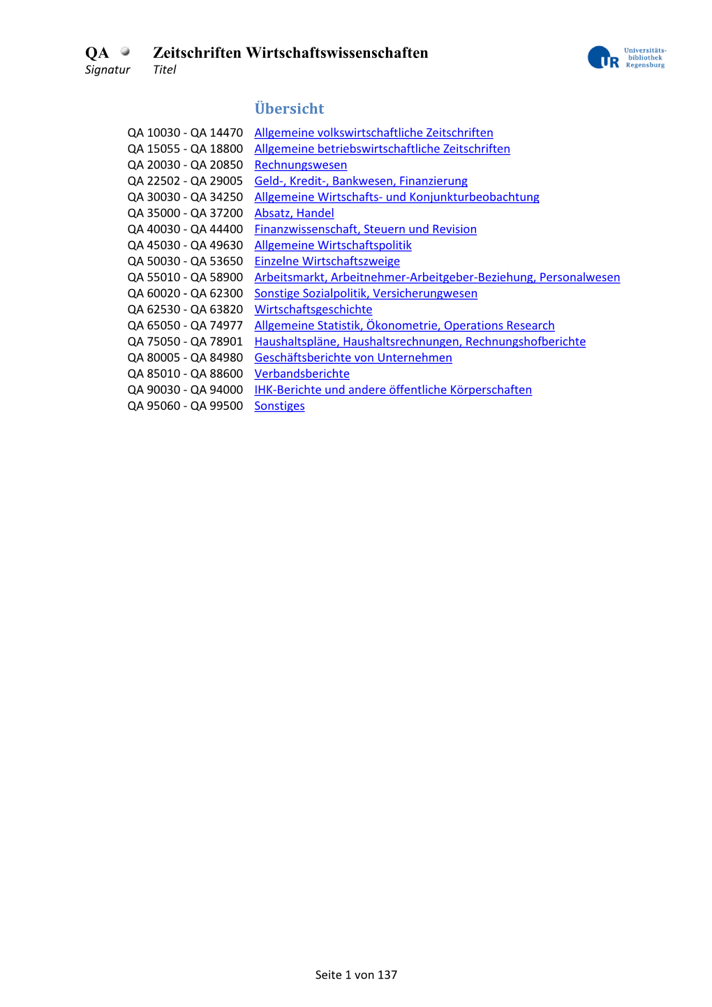 QA Zeitschriften Wirtschaftswissenschaften Signatur Titel