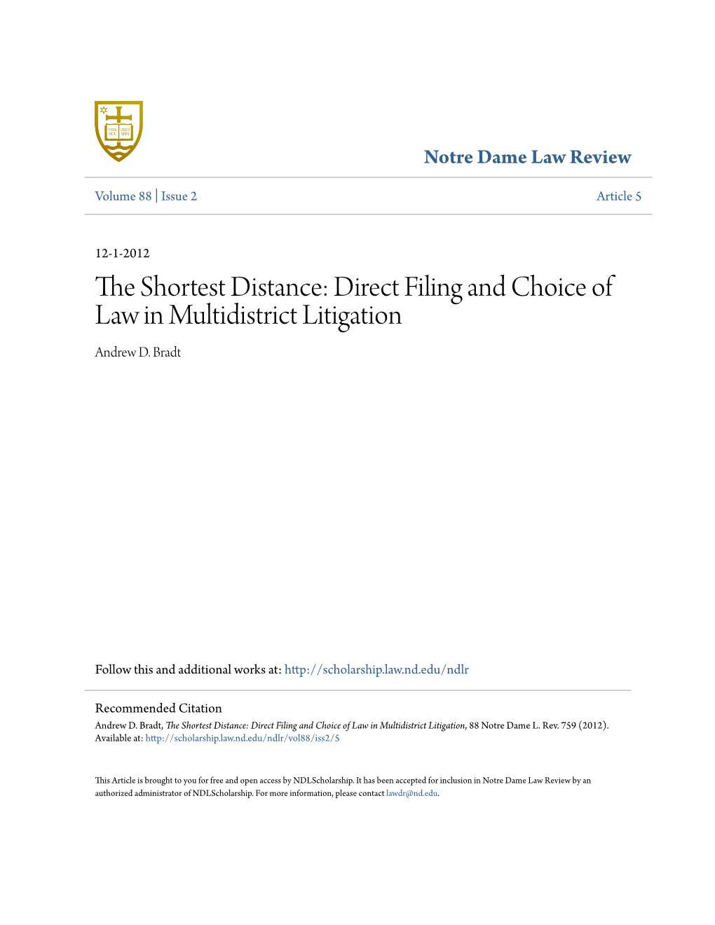 Direct Filing and Choice of Law in Multidistrict Litigation Andrew D