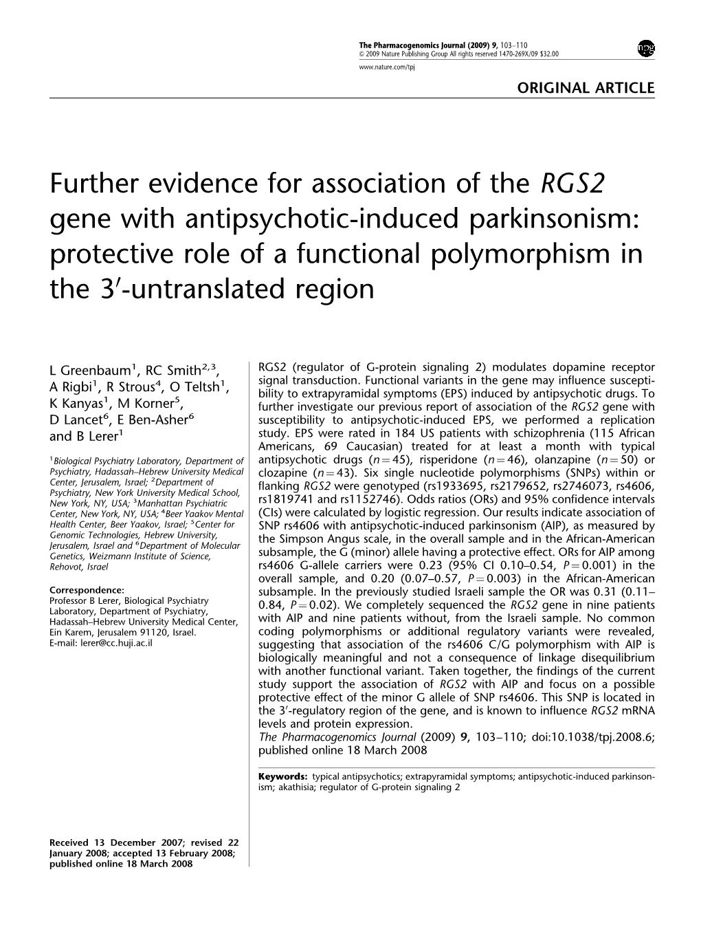 Further Evidence for Association of the RGS2 Gene with Antipsychotic-Induced Parkinsonism: Protective Role of a Functional Polymorphism in the 30-Untranslated Region