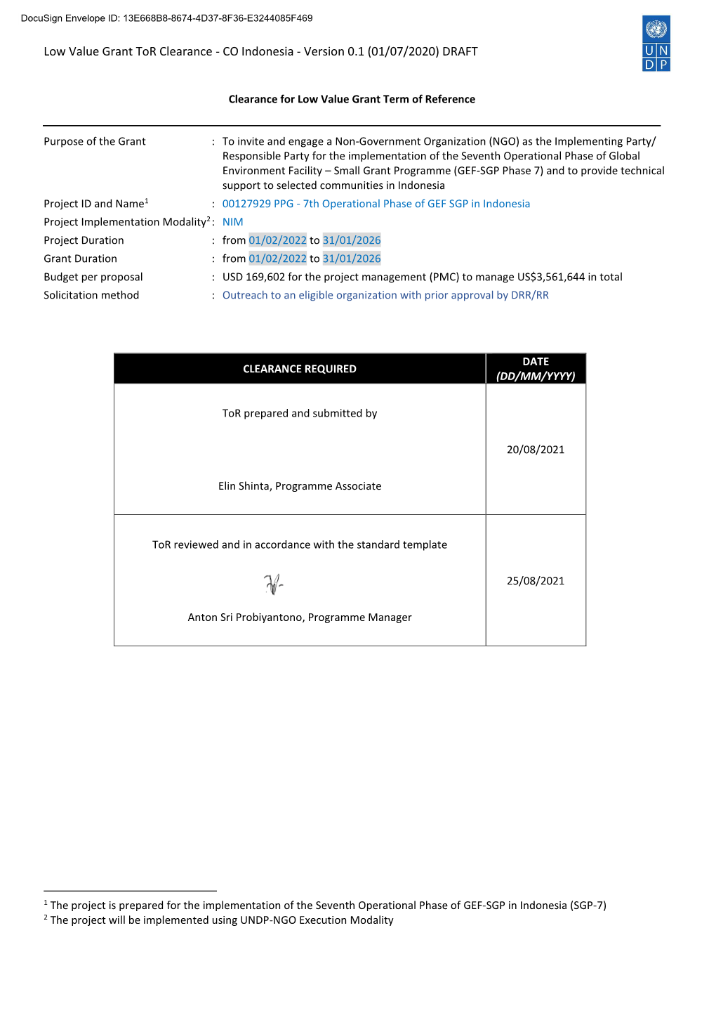 Low Value Grant Tor Clearance - CO Indonesia - Version 0.1 (01/07/2020) DRAFT