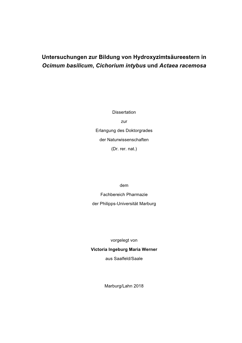 Untersuchungen Zur Bildung Von Hydroxyzimtsäureestern in Ocimum Basilicum, Cichorium Intybus Und Actaea Racemosa