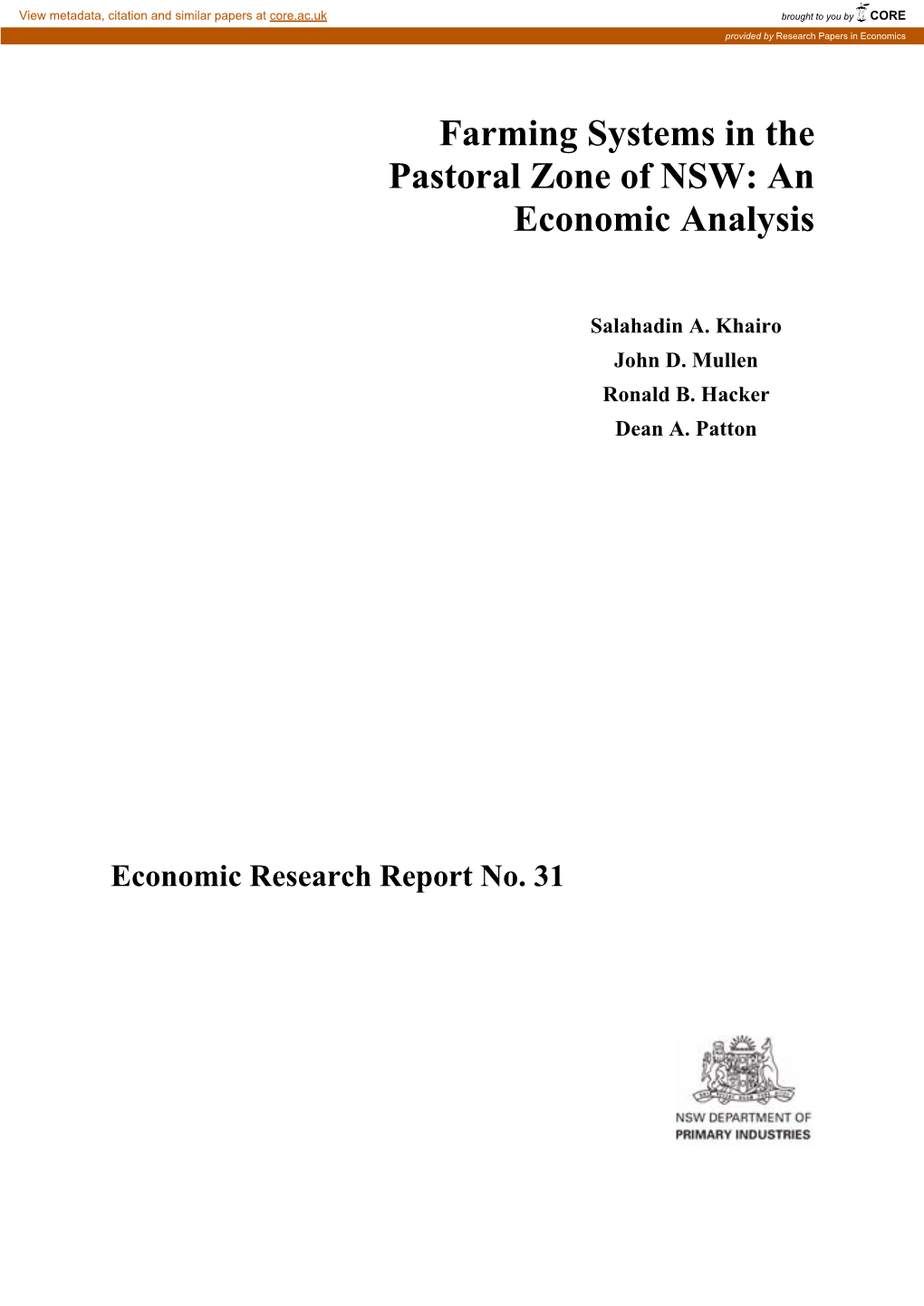Farming Systems in the Pastoral Zone of NSW: an Economic Analysis