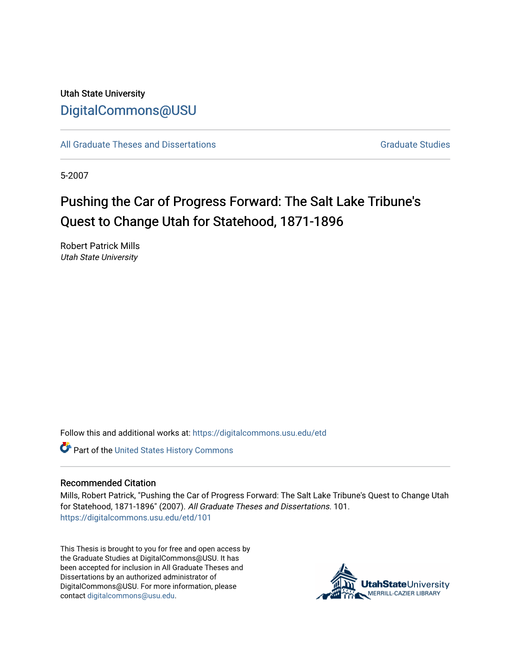 Pushing the Car of Progress Forward: the Salt Lake Tribune's Quest to Change Utah for Statehood, 1871-1896