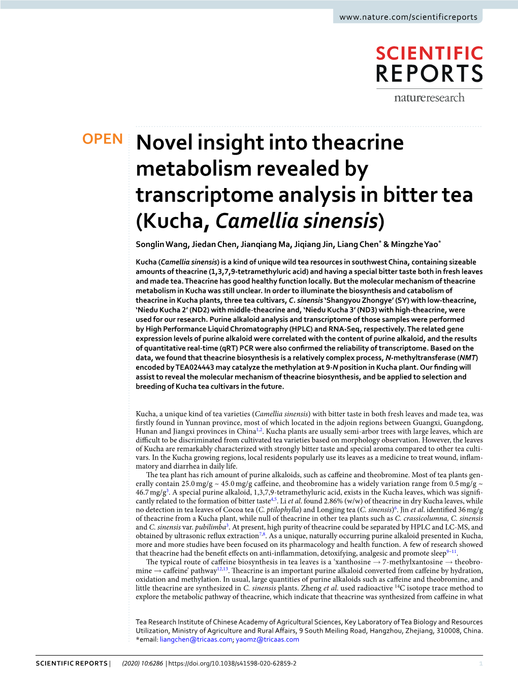 Kucha, Camellia Sinensis) Songlin Wang, Jiedan Chen, Jianqiang Ma, Jiqiang Jin, Liang Chen* & Mingzhe Yao*