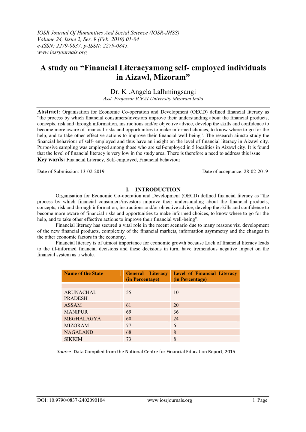 A Study on “Financial Literacyamong Self- Employed Individuals in Aizawl, Mizoram”