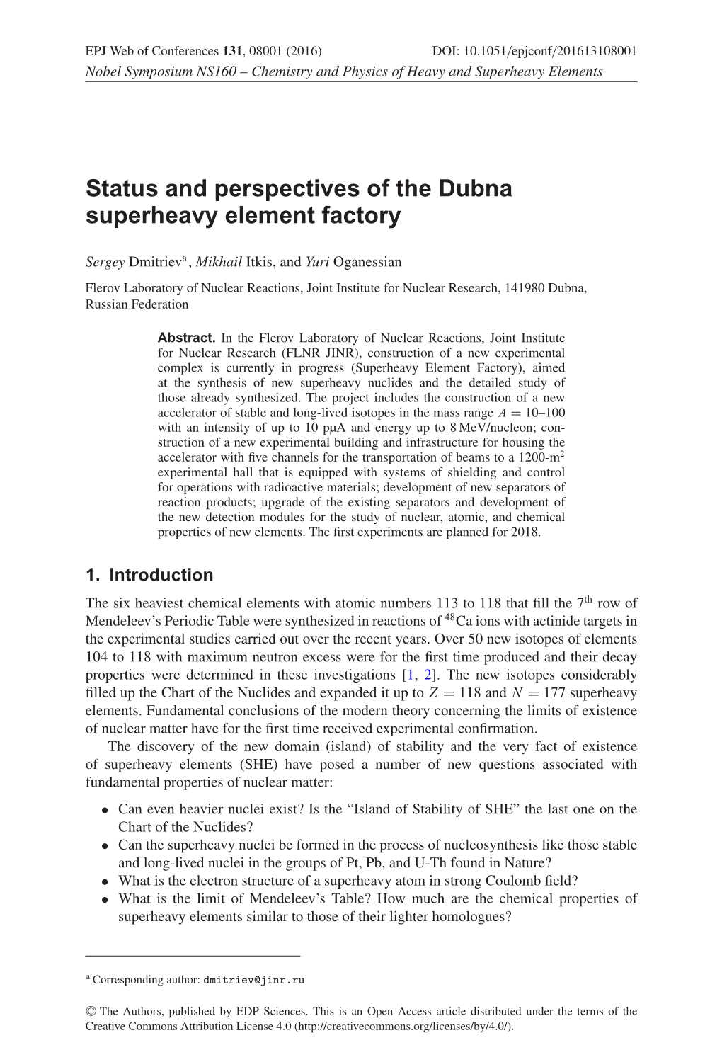 Status and Perspectives of the Dubna Superheavy Element Factory