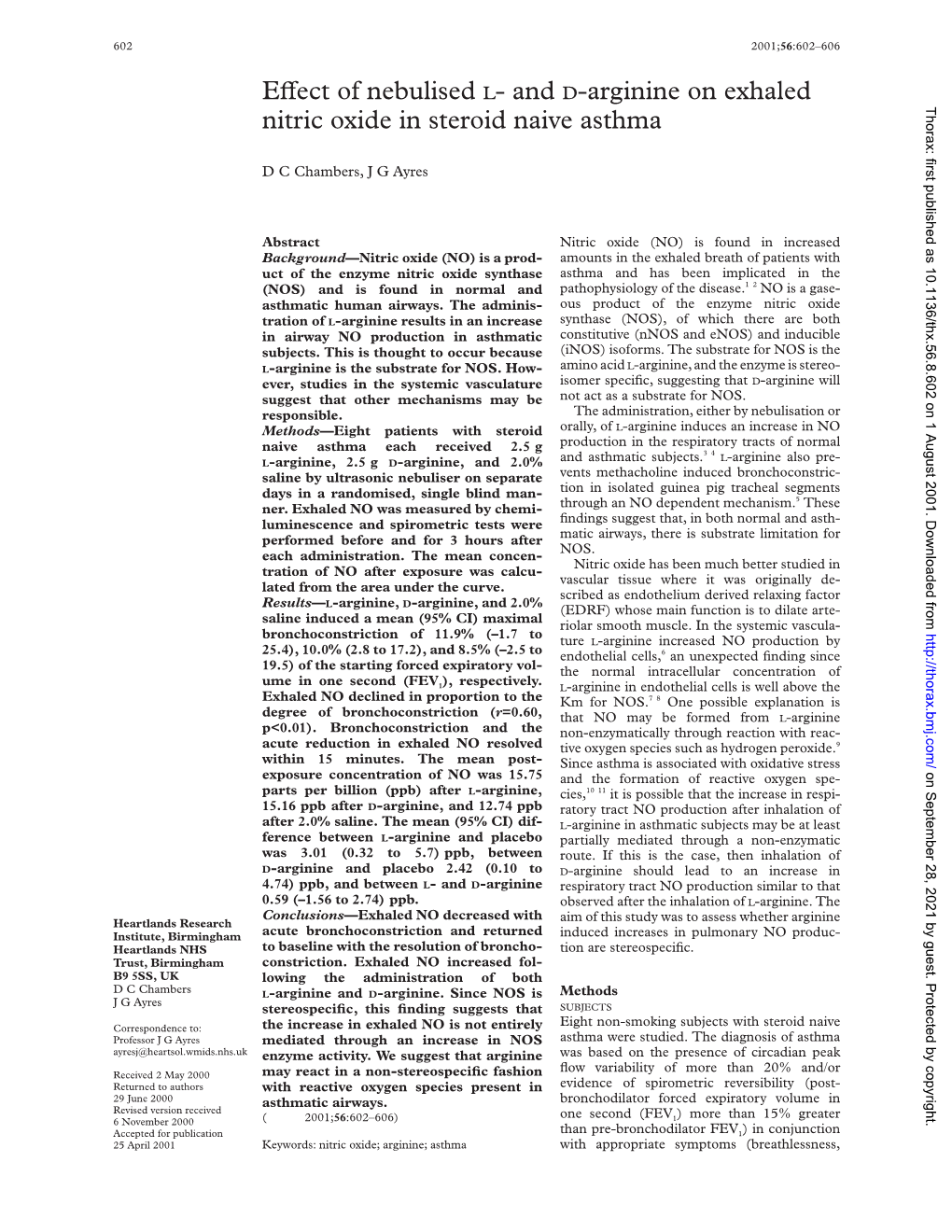 And D-Arginine on Exhaled Nitric Oxide in Steroid Naive Asthma Thorax: First Published As 10.1136/Thx.56.8.602 on 1 August 2001