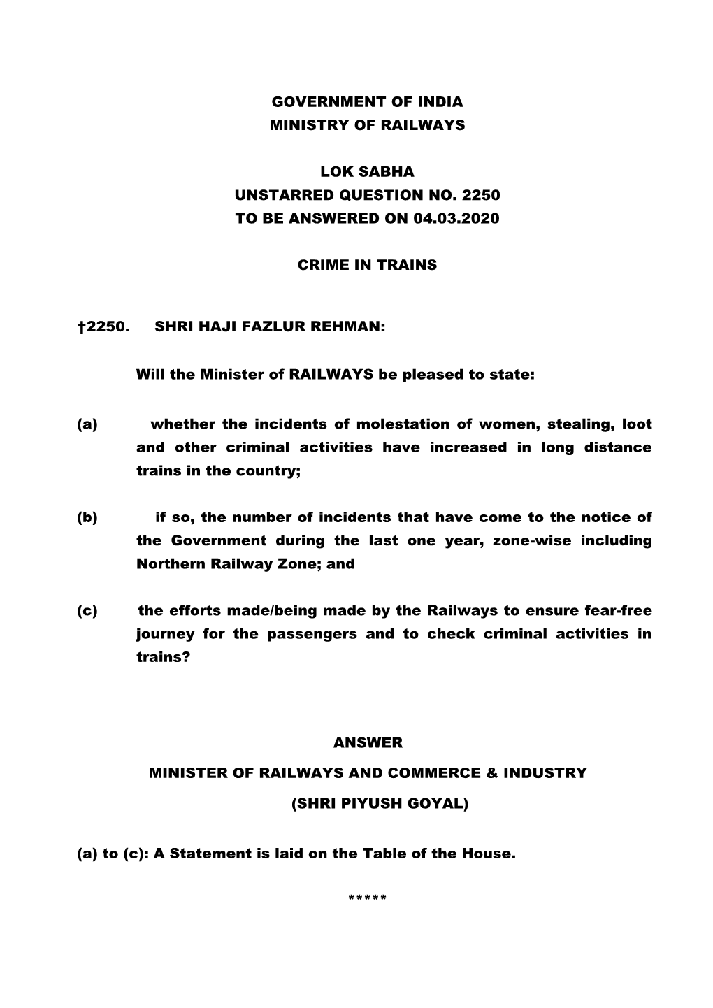 Government of India Ministry of Railways Lok Sabha