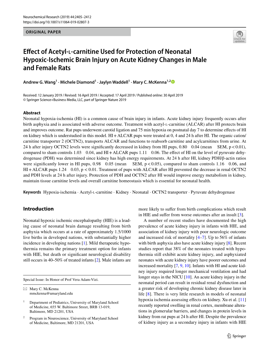 Effect of Acetyl-L-Carnitine Used for Protection of Neonatal Hypoxic