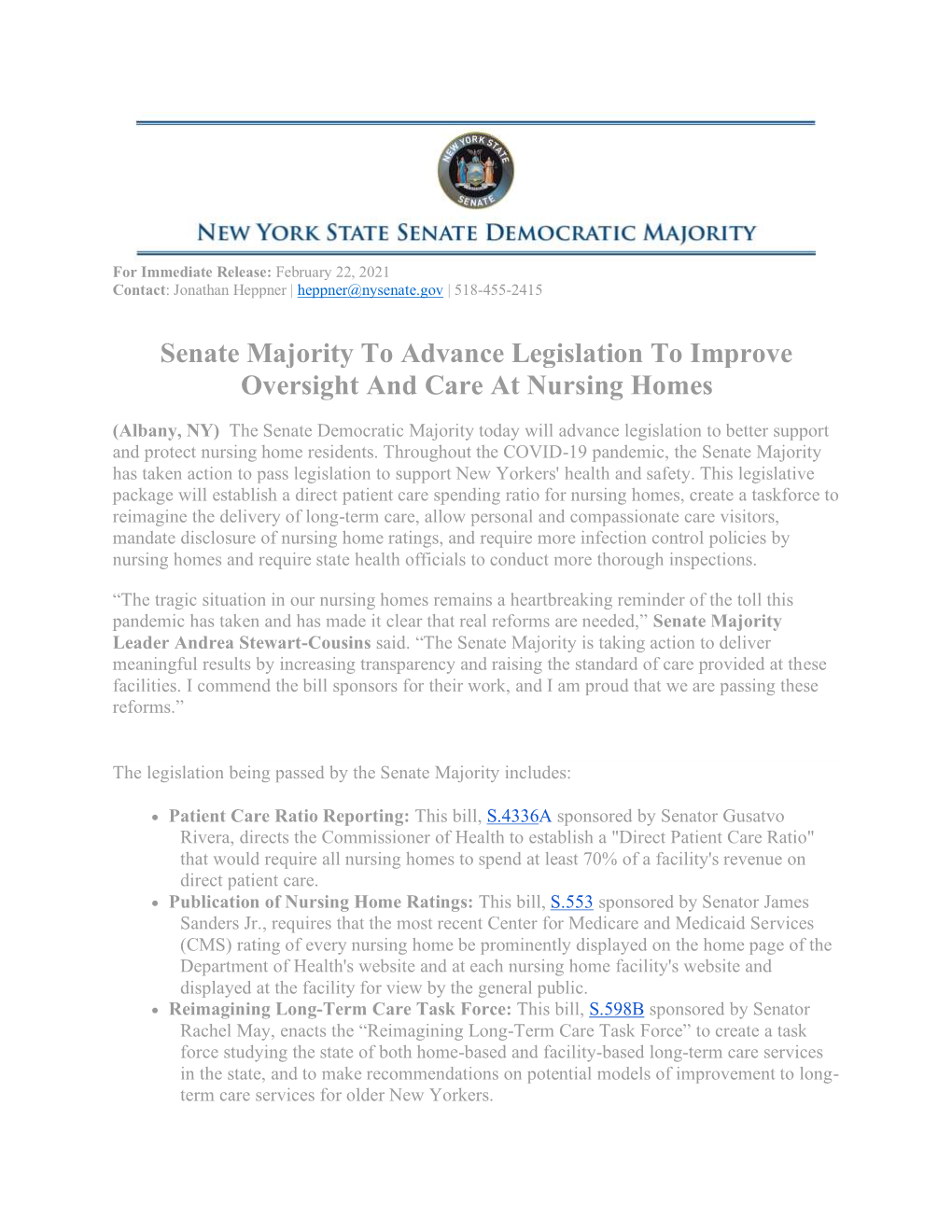 Senate Majority to Advance Legislation to Improve Oversight and Care at Nursing Homes