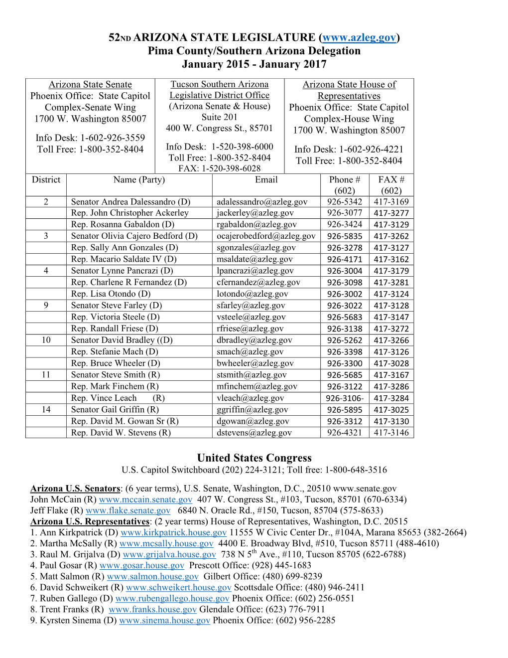 52ND ARIZONA STATE LEGISLATURE ( Pima County/Southern Arizona Delegation January 2015 - January 2017