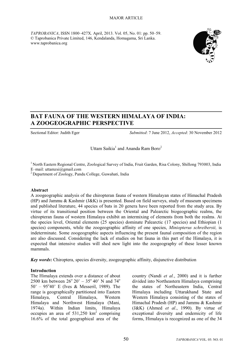 Bat Fauna of the Western Himalaya of India: a Zoogeographic Perspective